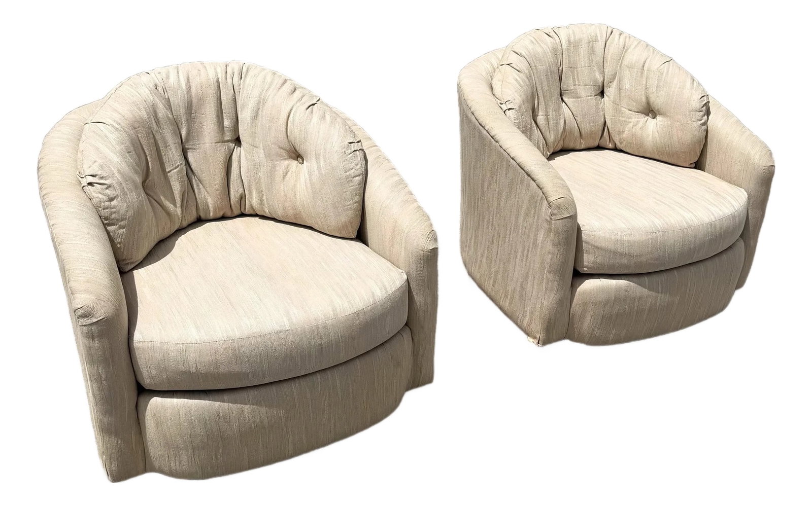 Postmodern Swivel Barrell Chairs by Best Chairs - A Pair: A comfortable pair of postmodern swivel barrel chairs by Best Chairs, featuring a soft, rounded silhouette with inviting proportions. Upholstered in a warm neutral fabric, each chair showcases a