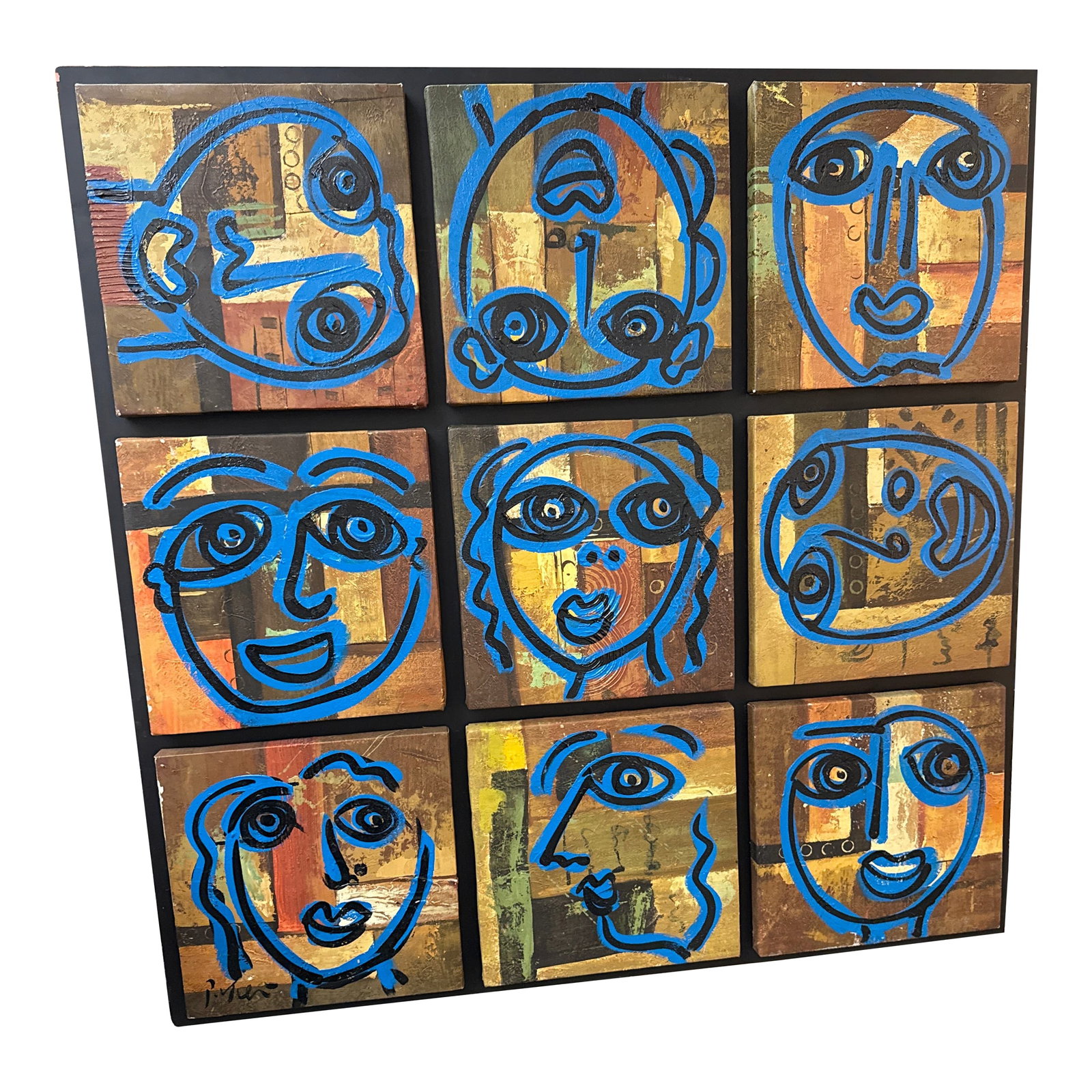 1970s Peter Keil Large Blue 9 Faces Abstract Painting: Fantastic Original Peter Keil (born 1942) Abstract Cubist Painting. This wonderful piece depicts 9 abstract cubist faces in blue oil. Very unique piece mounted on a solid piece of wood COA on back, Gu