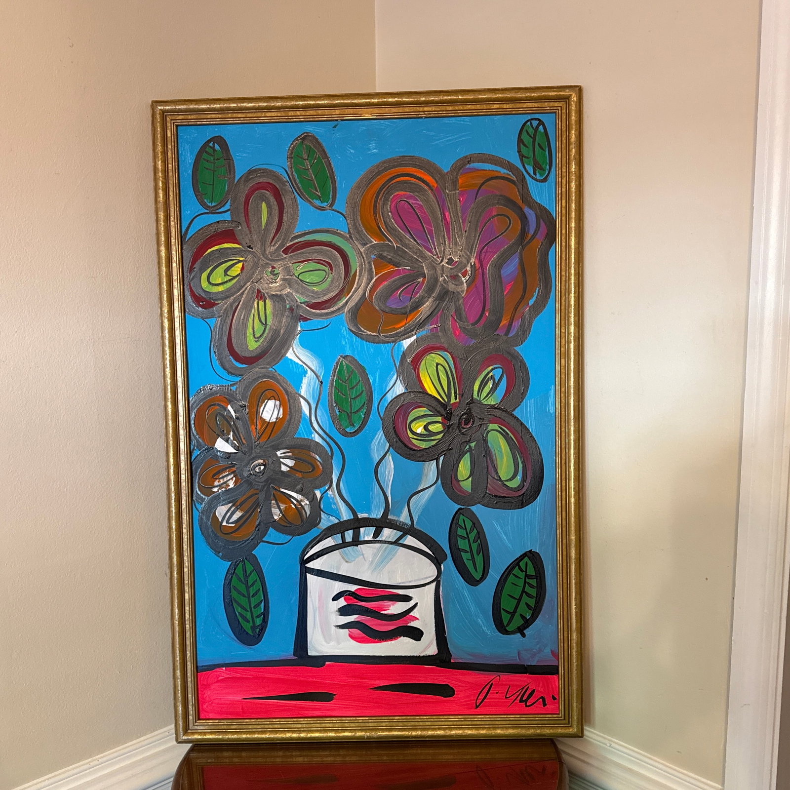 1970s Peter Keil Flowers Abstract Painting ~ Framed - 3