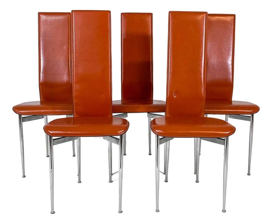 1980s Set of (5) Attributed to Giancarlo Vegni Model S44 "Cognac" Leather Italian Dining Chairs (1 of 11)
