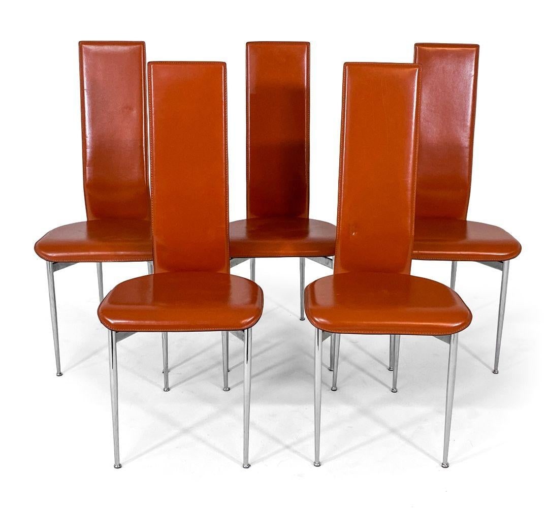 1980s Set of (5) Attributed to Giancarlo Vegni Model S44 "Cognac" Leather Italian Dining Chairs - 3
