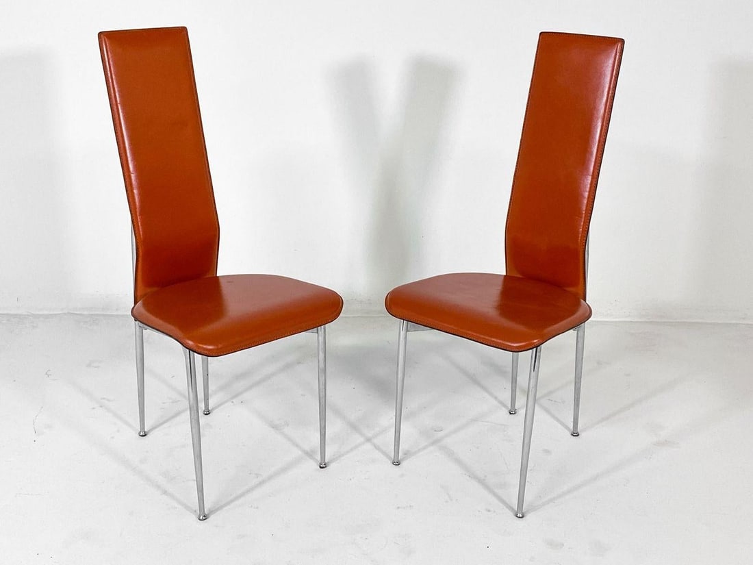 1980s Set of (5) Attributed to Giancarlo Vegni Model S44 "Cognac" Leather Italian Dining Chairs - 5
