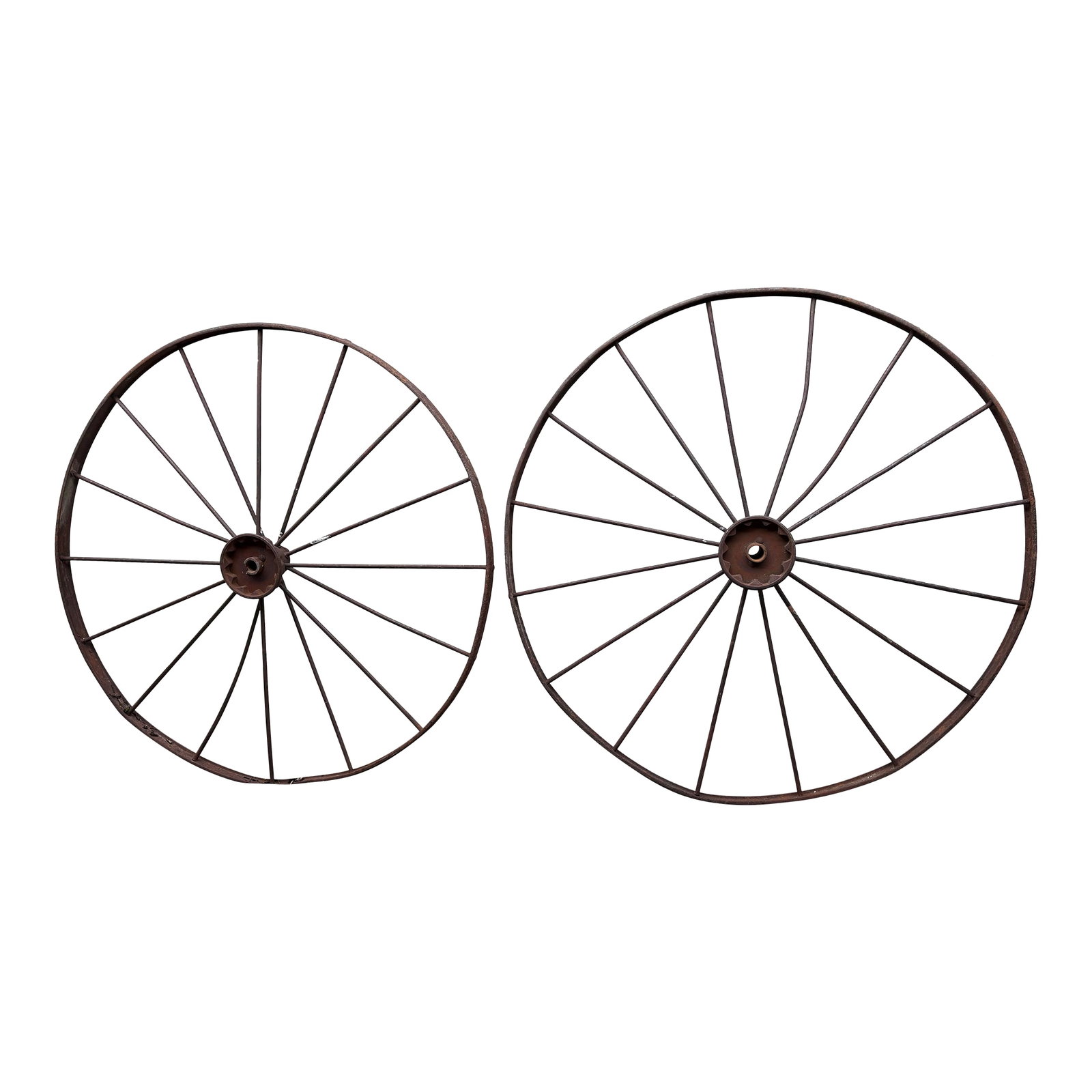 Antique Iron Wagon Wheels - A Pair: These American farm equipment antique iron wagon wheels are from the late 1800's and are used now days mostly as yard art. The wheels stand at 53" and are 7" wide. There is great natural weathered