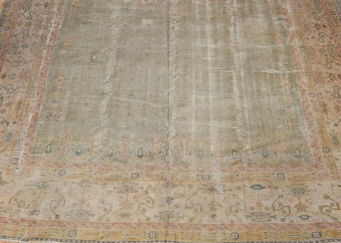 Vintage Turkish Oushak Hand-Knotted Rug in Open Geometric Pattern in Pale Green, Yellow, Pink - 10