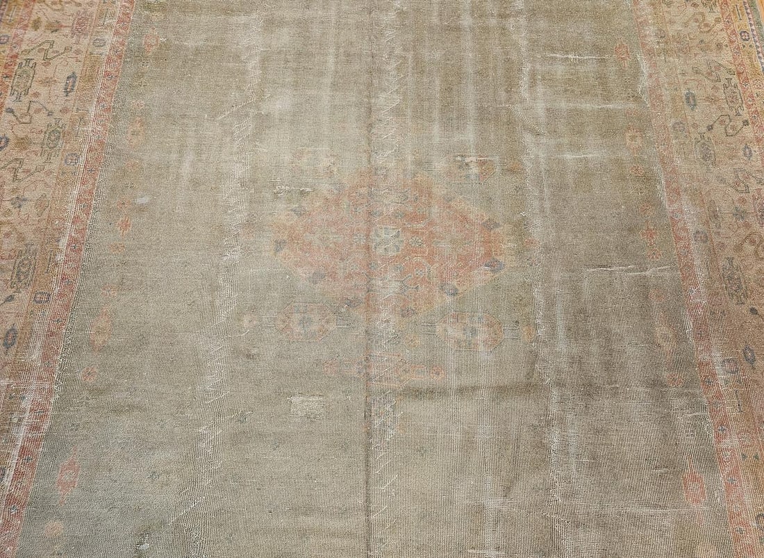 Vintage Turkish Oushak Hand-Knotted Rug in Open Geometric Pattern in Pale Green, Yellow, Pink - 11
