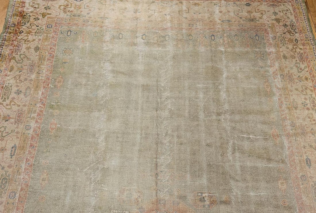 Vintage Turkish Oushak Hand-Knotted Rug in Open Geometric Pattern in Pale Green, Yellow, Pink - 12
