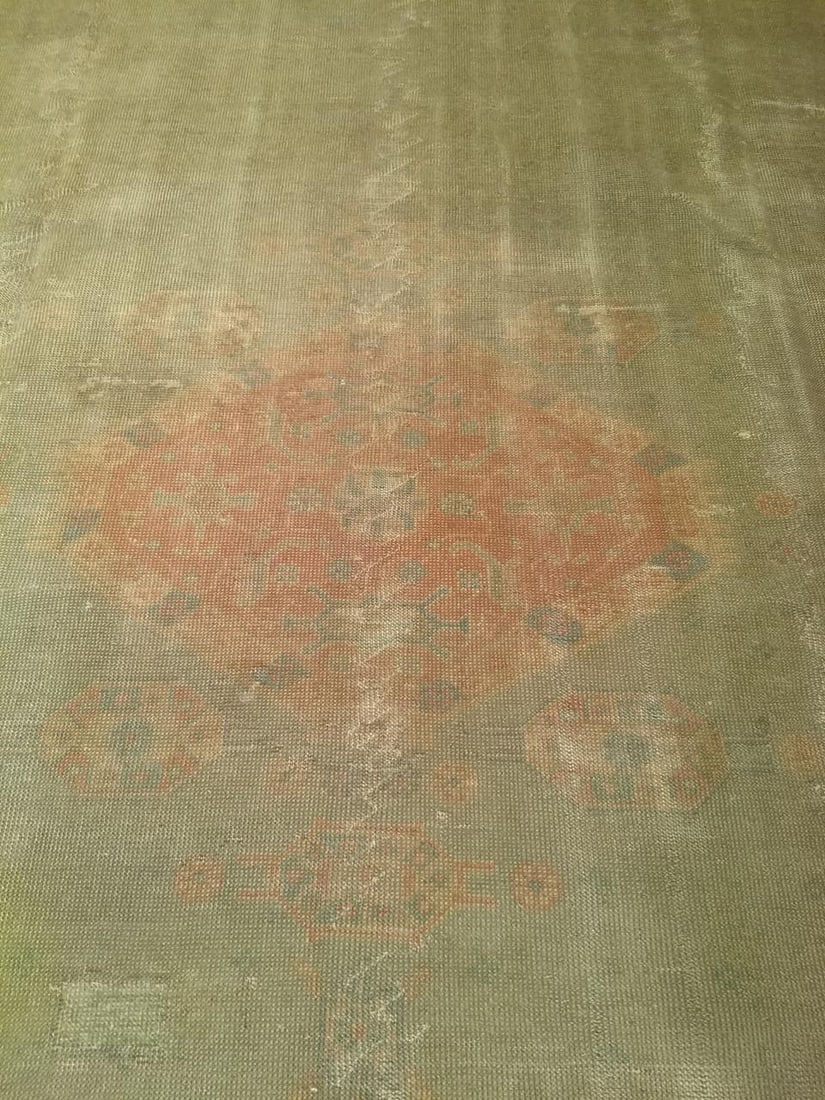 Vintage Turkish Oushak Hand-Knotted Rug in Open Geometric Pattern in Pale Green, Yellow, Pink - 13