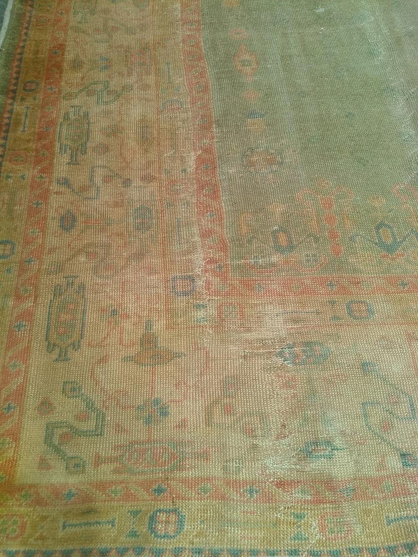 Vintage Turkish Oushak Hand-Knotted Rug in Open Geometric Pattern in Pale Green, Yellow, Pink - 14