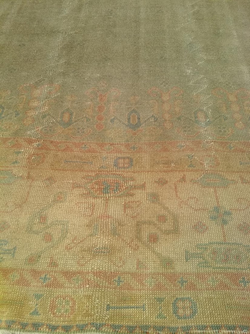 Vintage Turkish Oushak Hand-Knotted Rug in Open Geometric Pattern in Pale Green, Yellow, Pink - 15
