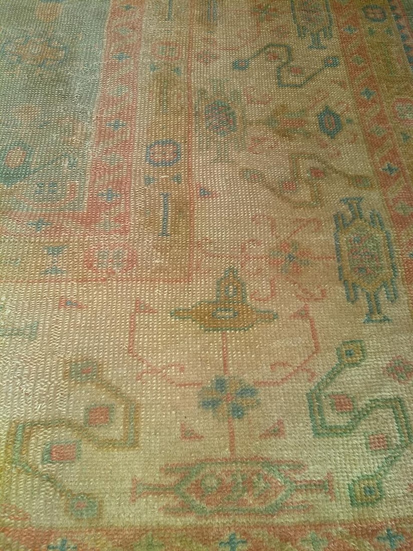 Vintage Turkish Oushak Hand-Knotted Rug in Open Geometric Pattern in Pale Green, Yellow, Pink - 16