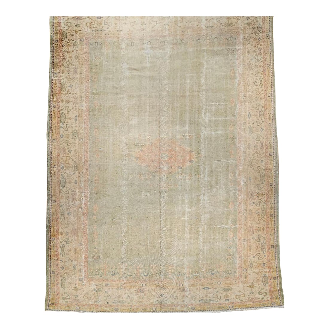Vintage Turkish Oushak Hand-Knotted Rug in Open Geometric Pattern in Pale Green, Yellow, Pink: This exquisite vintage Turkish Oushak rug, woven in the early 20th century, is a rare and captivating example of Anatolian craftsmanship. Featuring a soft, open geometric pattern. The design is render