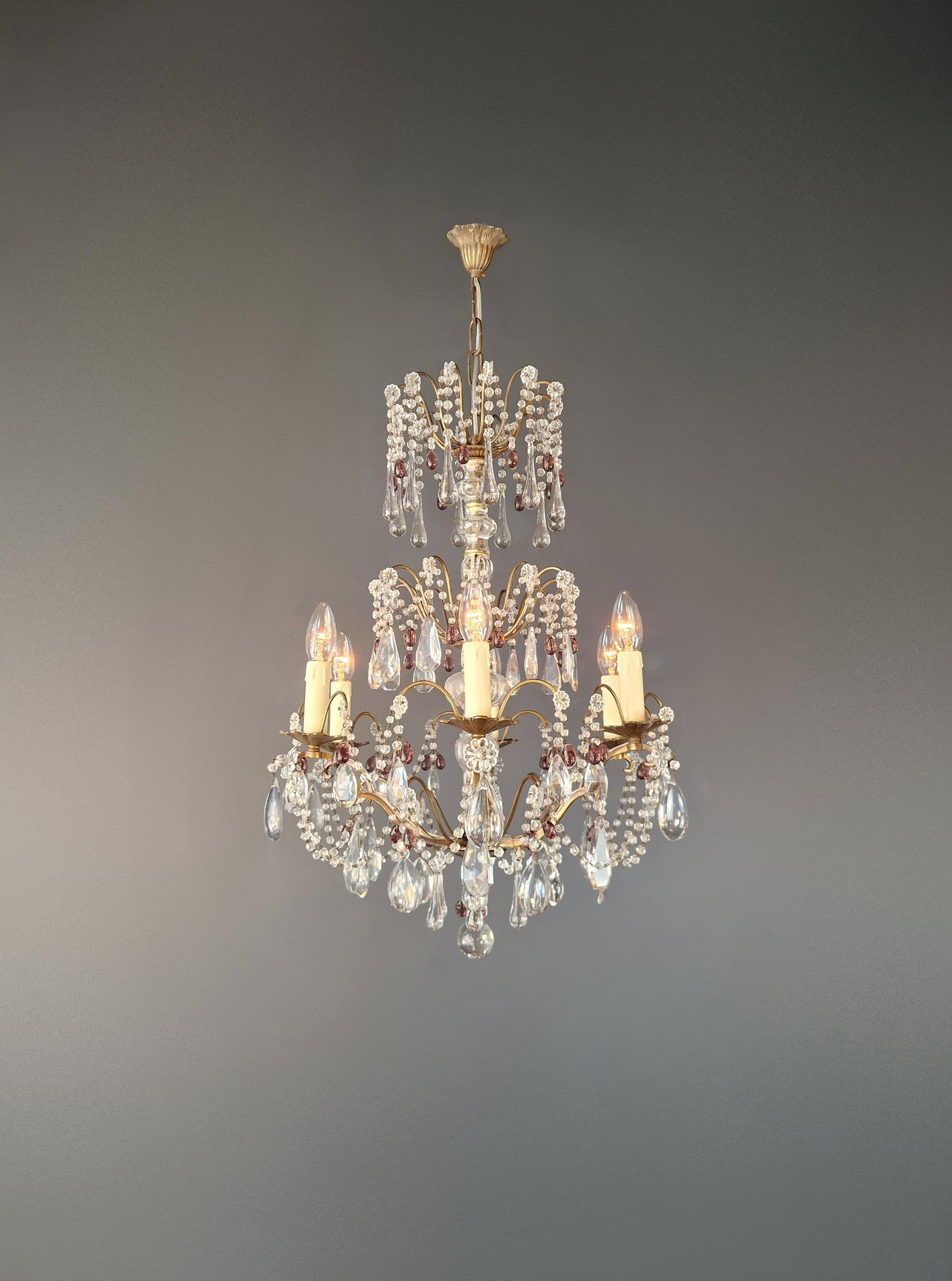 1920s Italian Chandelier Murano Glass Elements Crystal Chandelier With Colored Drops - 13
