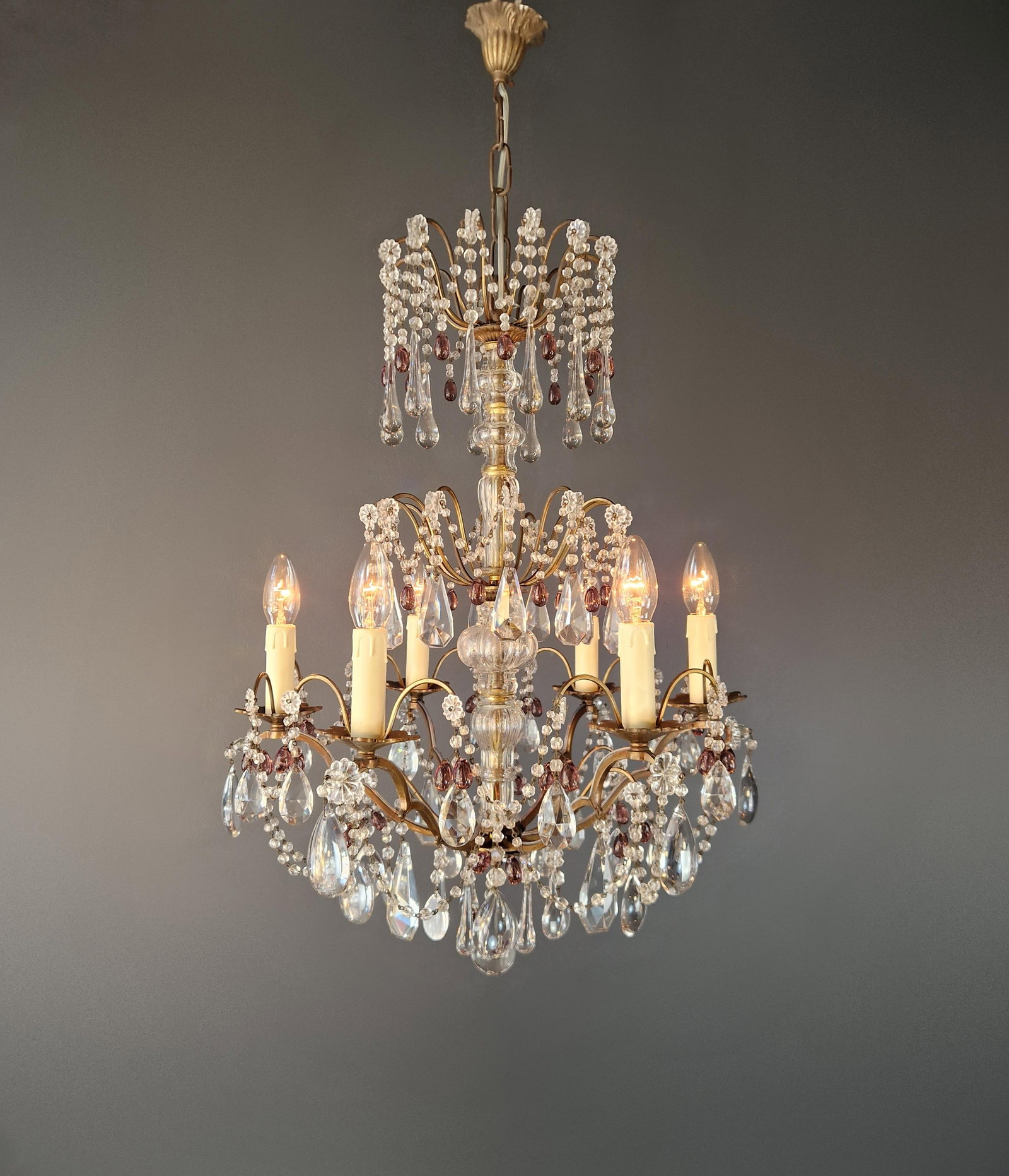 1920s Italian Chandelier Murano Glass Elements Crystal Chandelier With Colored Drops - 3