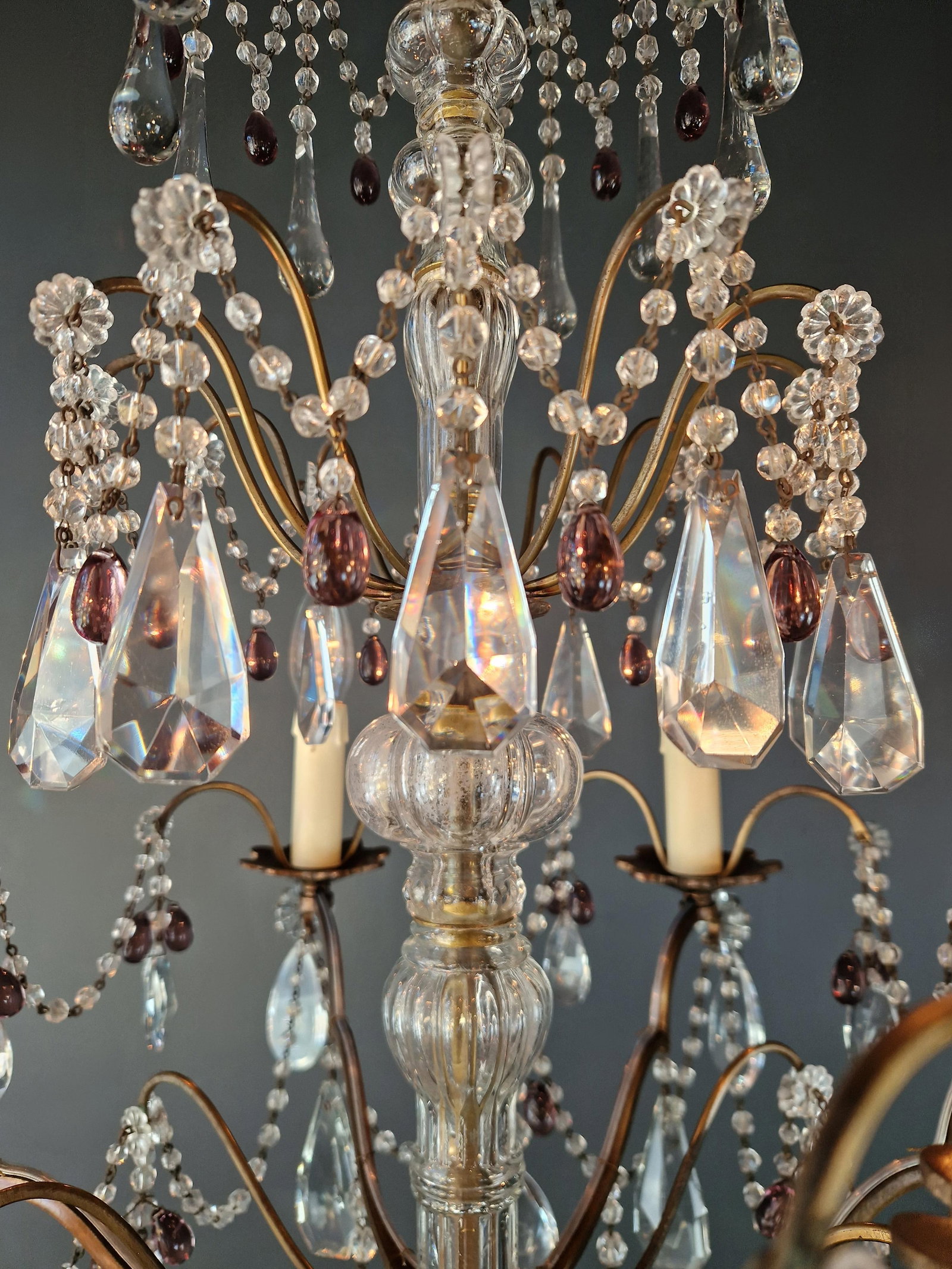 1920s Italian Chandelier Murano Glass Elements Crystal Chandelier With Colored Drops - 7