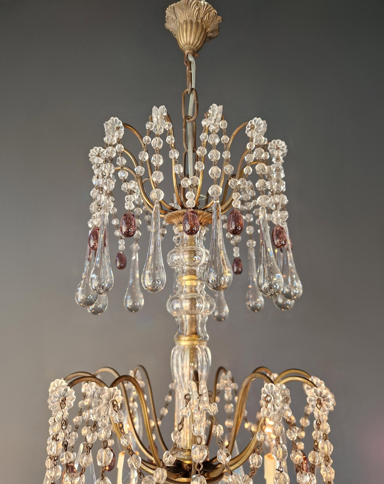 1920s Italian Chandelier Murano Glass Elements Crystal Chandelier With Colored Drops - 9