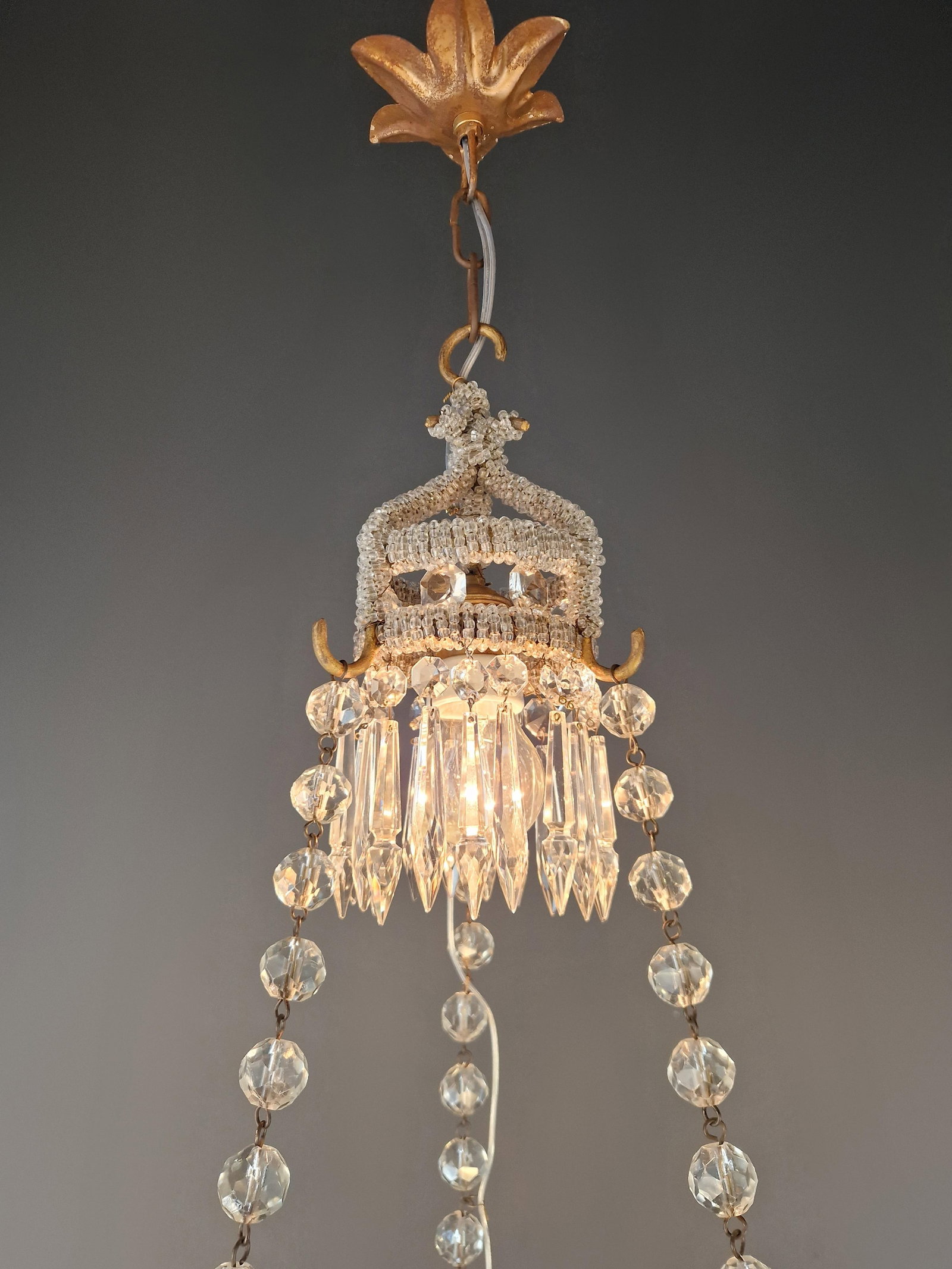 Antique Closed Crystal Body Sphere Basket Chandelier Bohemian - 12