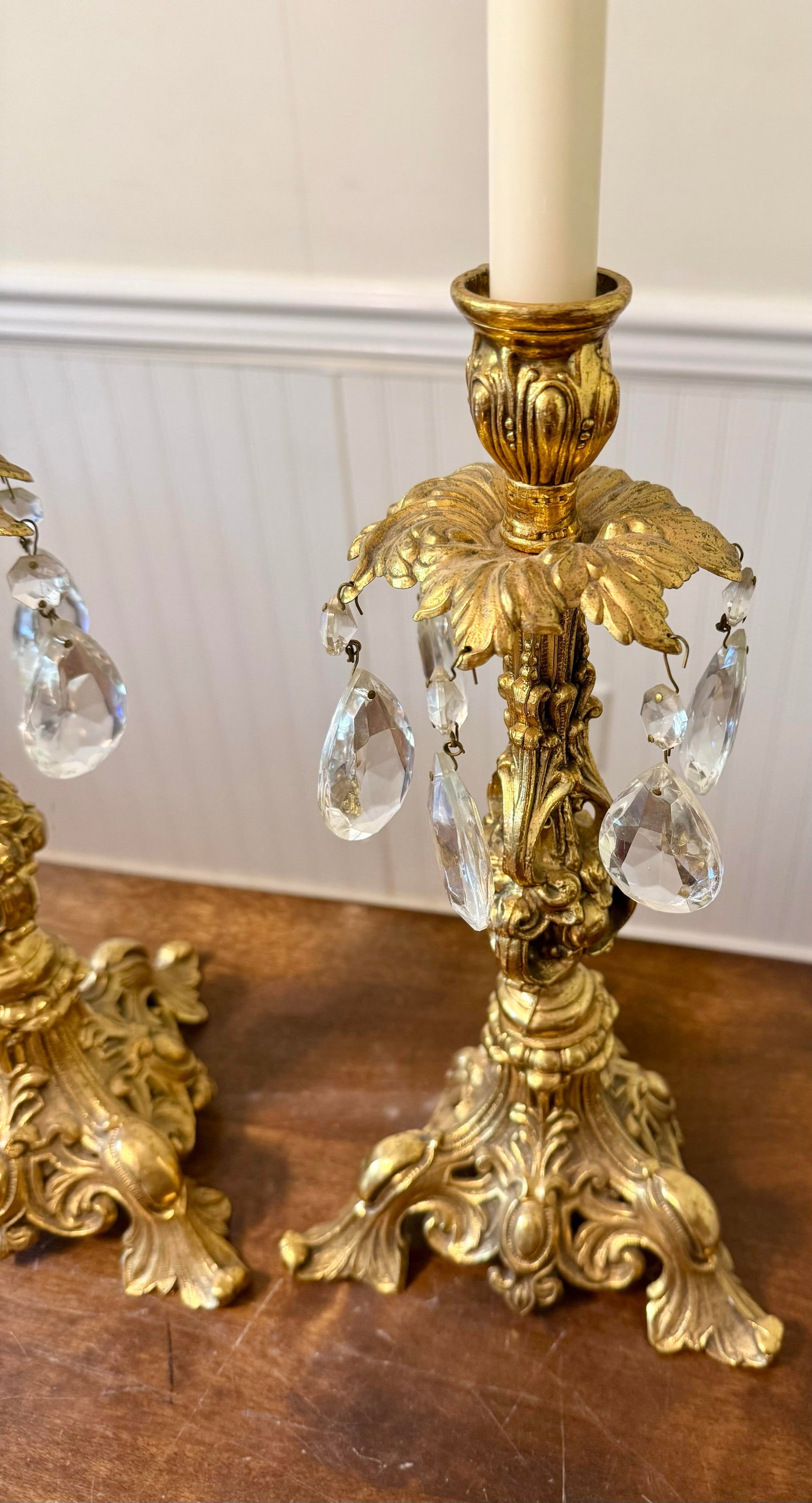 Ornate Gold Candle Holders With Crystal Prisms - 10