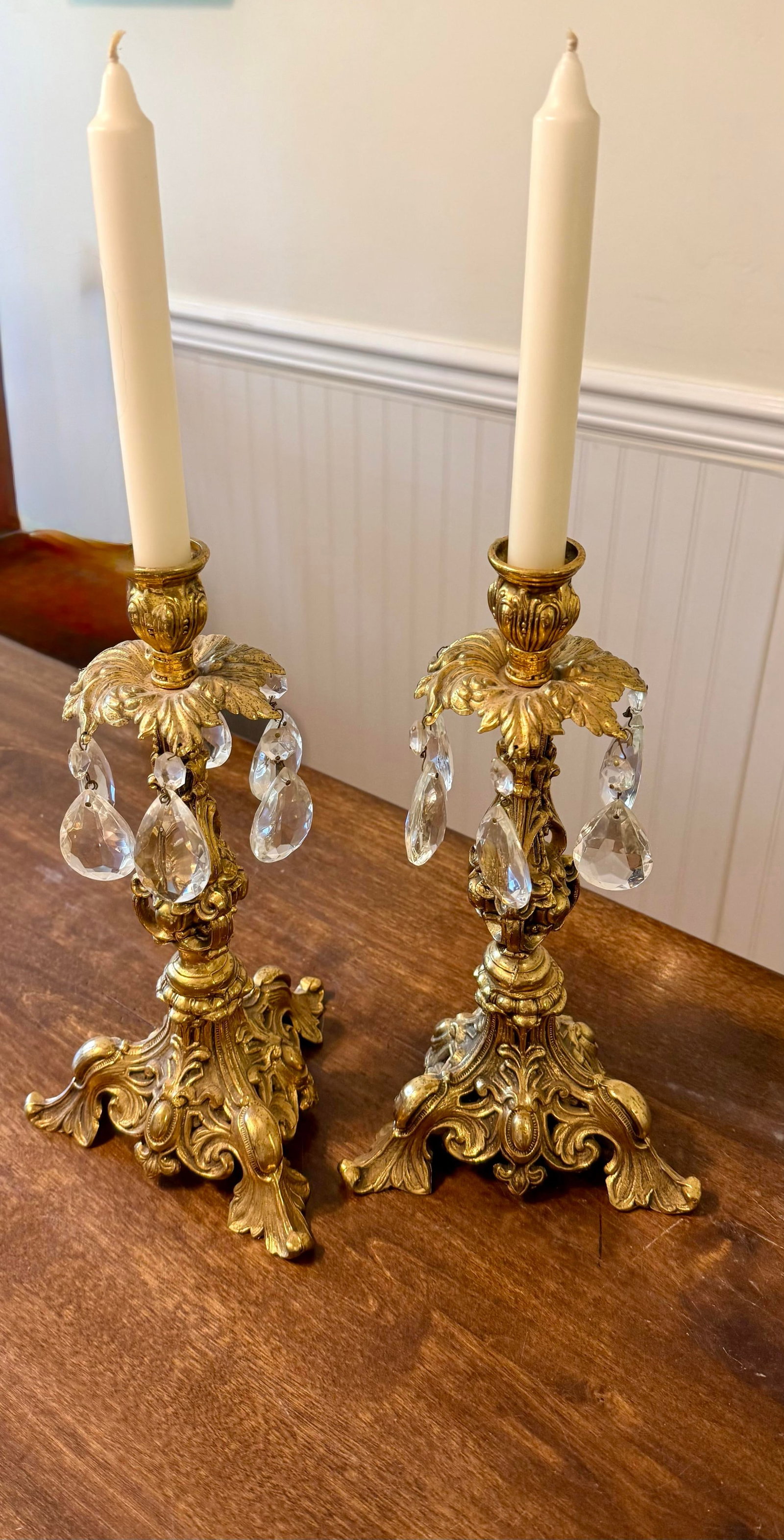 Ornate Gold Candle Holders With Crystal Prisms - 11