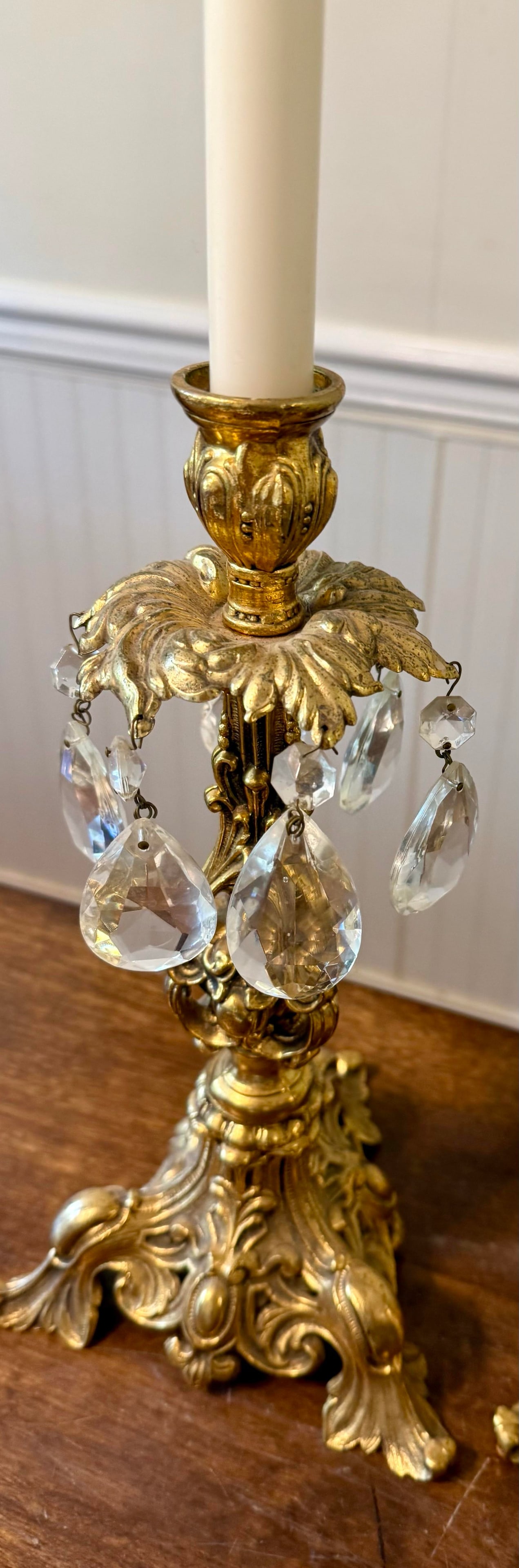 Ornate Gold Candle Holders With Crystal Prisms - 12