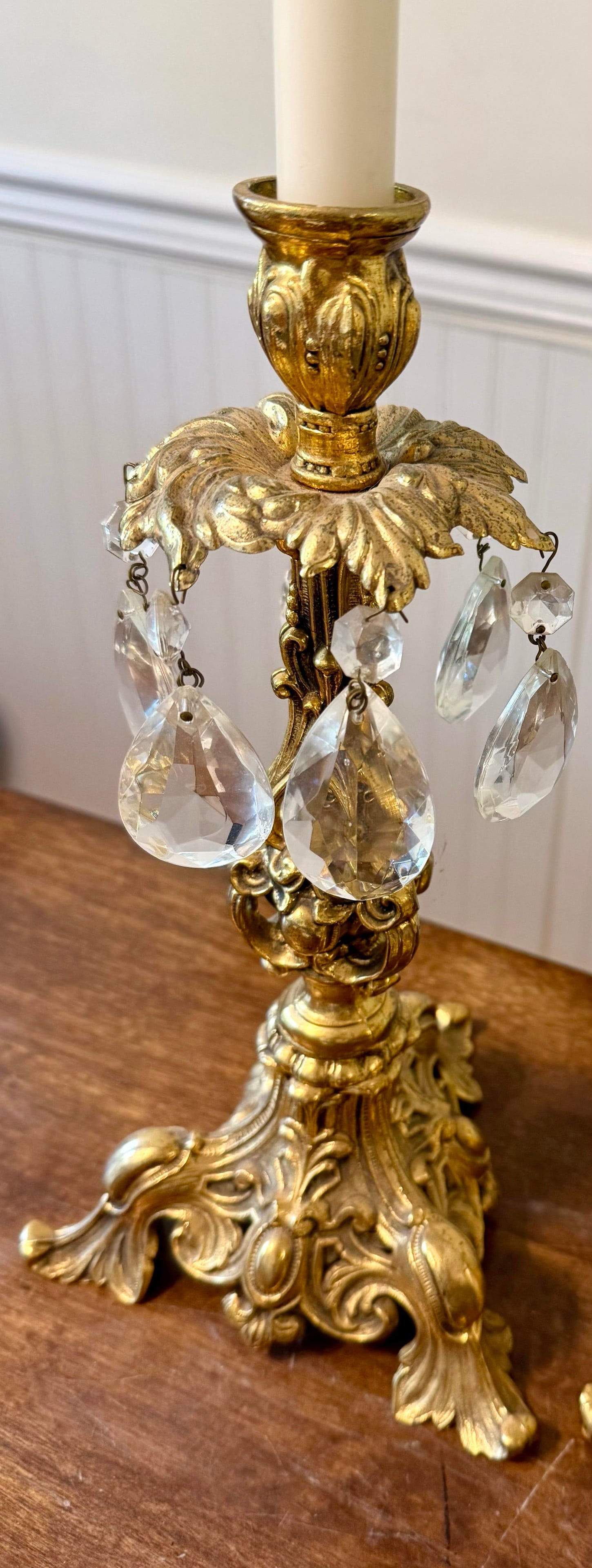 Ornate Gold Candle Holders With Crystal Prisms - 2