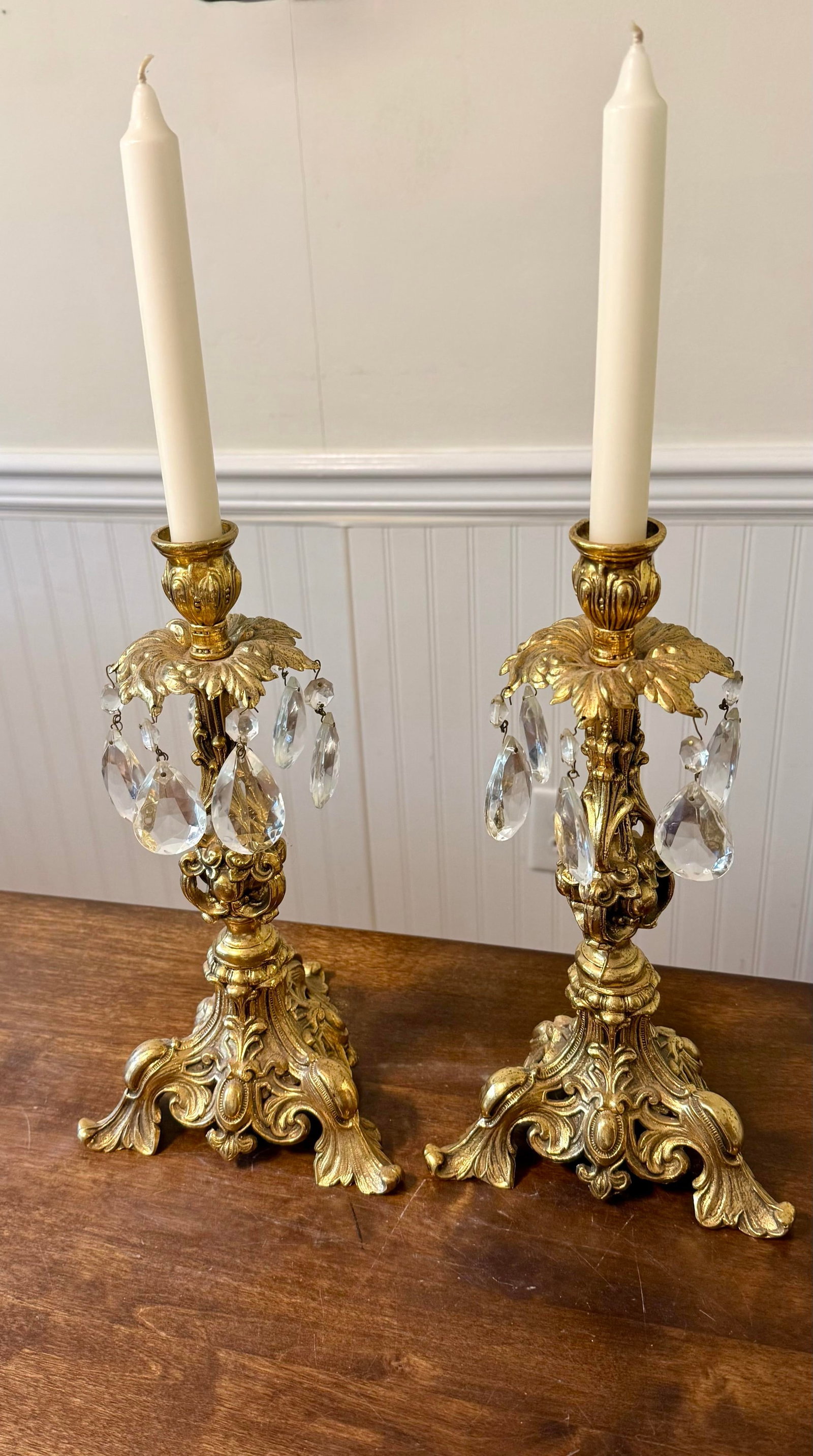 Ornate Gold Candle Holders With Crystal Prisms - 4