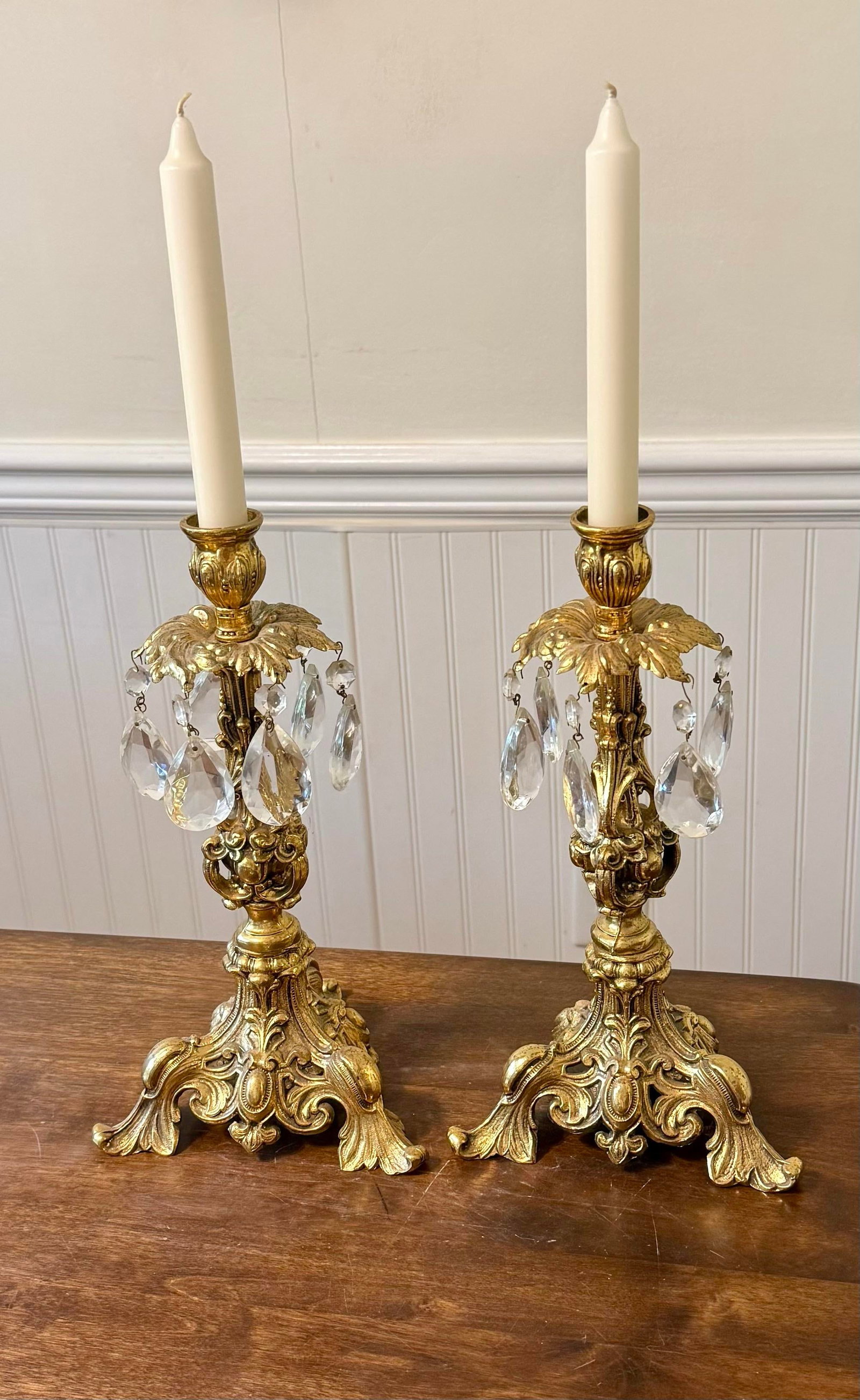 Ornate Gold Candle Holders With Crystal Prisms - 5