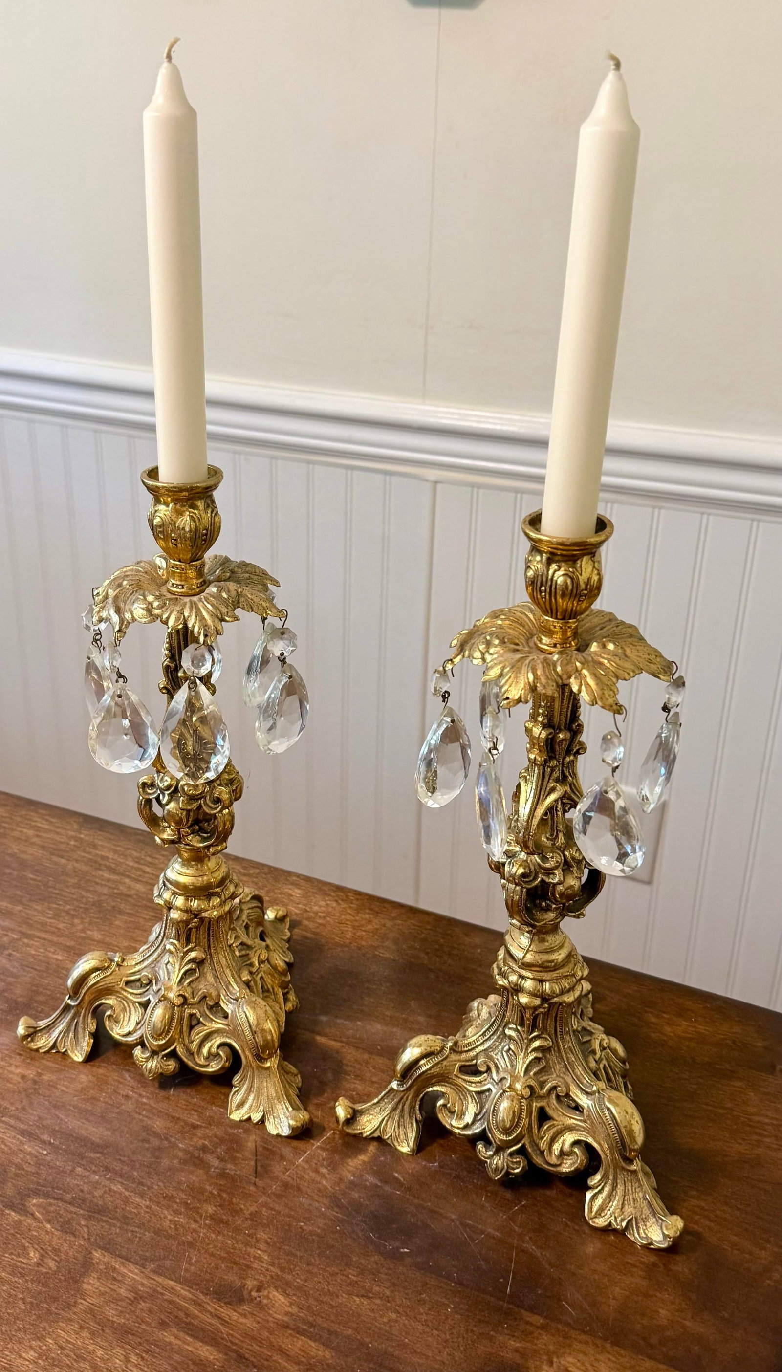 Ornate Gold Candle Holders With Crystal Prisms - 8
