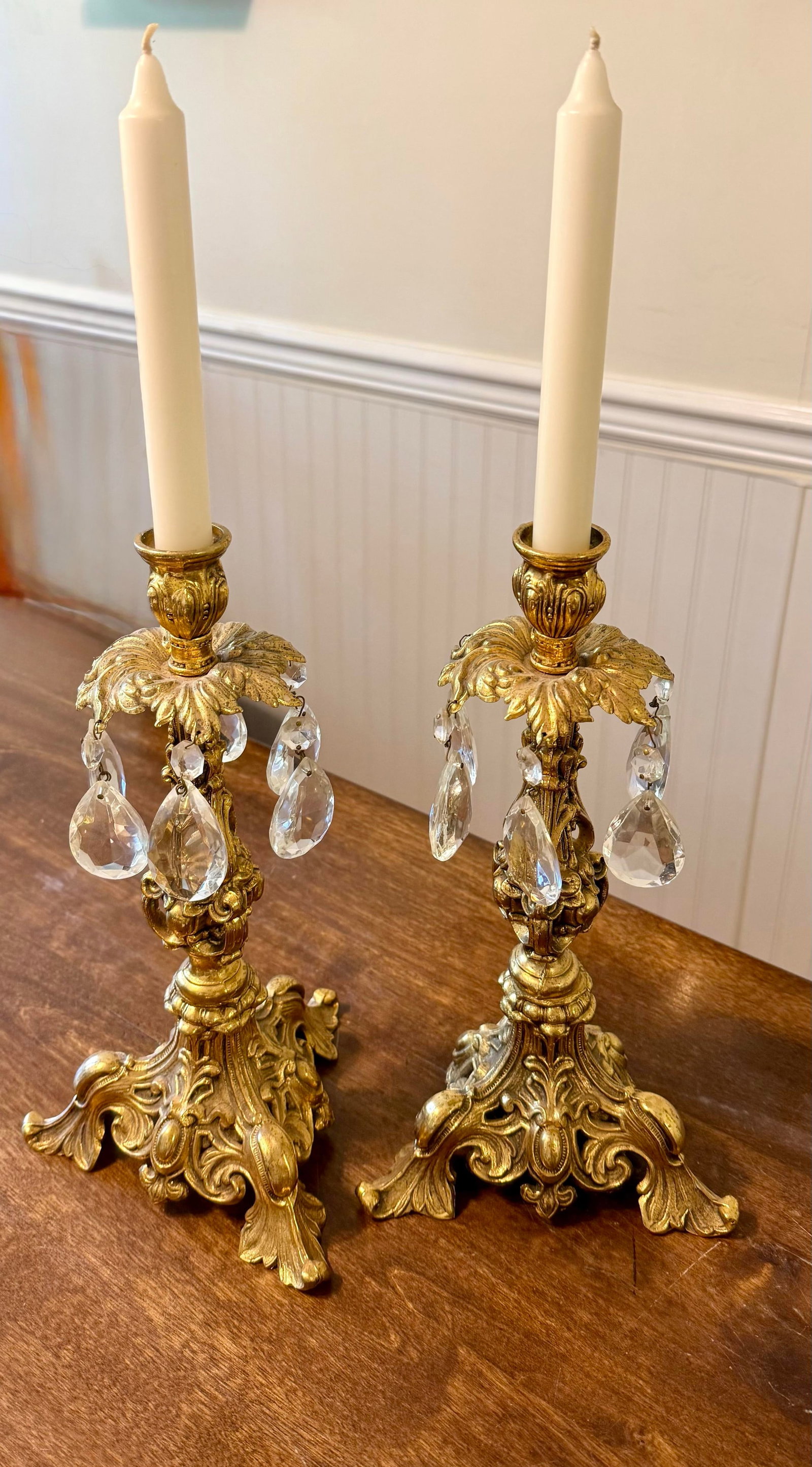 Ornate Gold Candle Holders With Crystal Prisms - 9