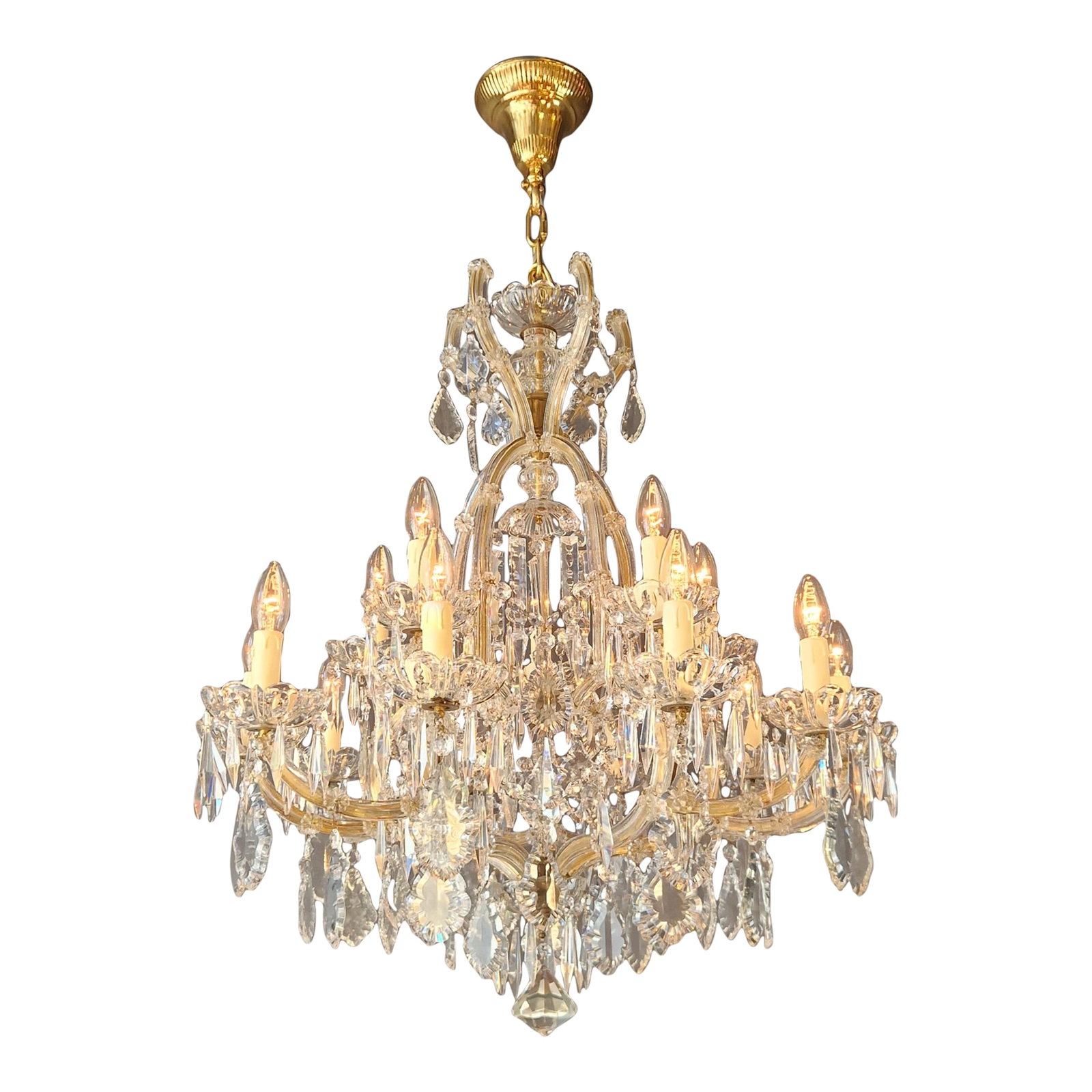 1920s Art Nouveau Maria Theresa Crystal Chandelier Lustre Brass Glass Antique: For sale is a stunning antique chandelier that has been professionally restored in Berlin. The chandelier has been meticulously re-wired and is now ready to be hung. Not a single crystal is missing, a