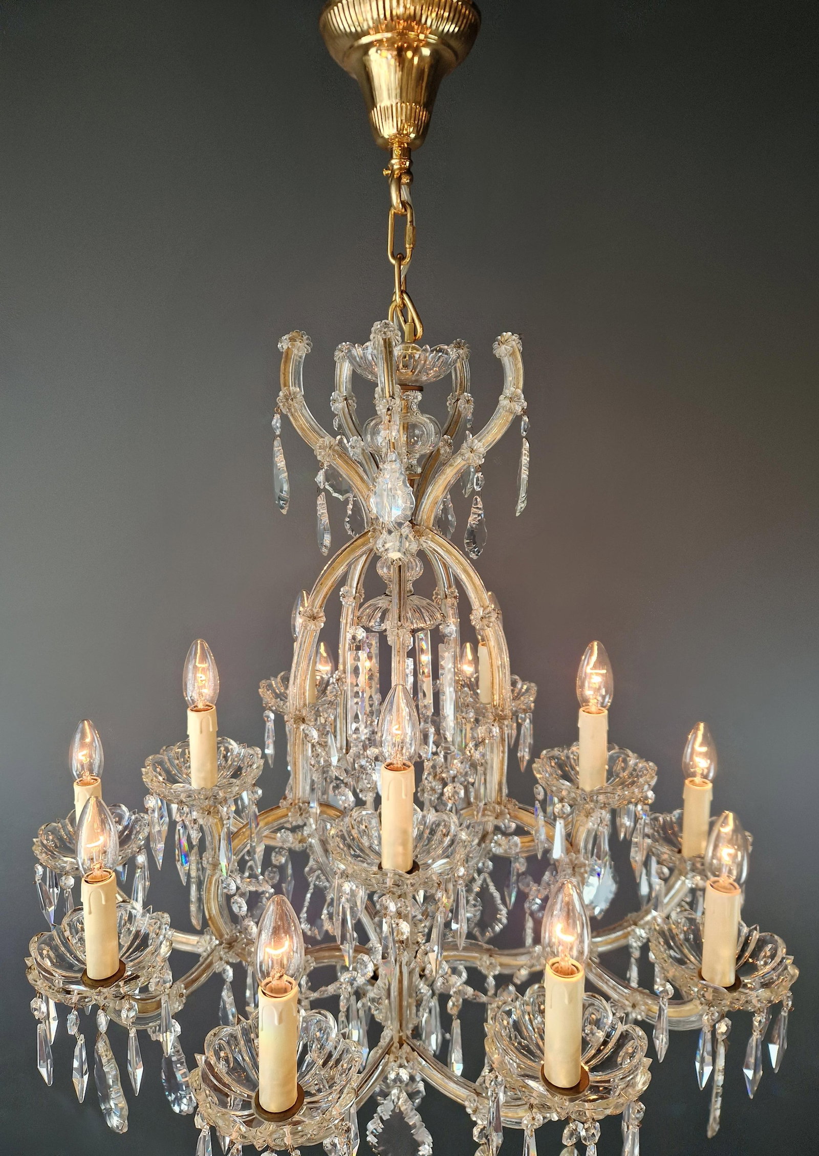 1920s Art Nouveau Maria Theresa Crystal Chandelier Lustre Brass Glass Antique - 7