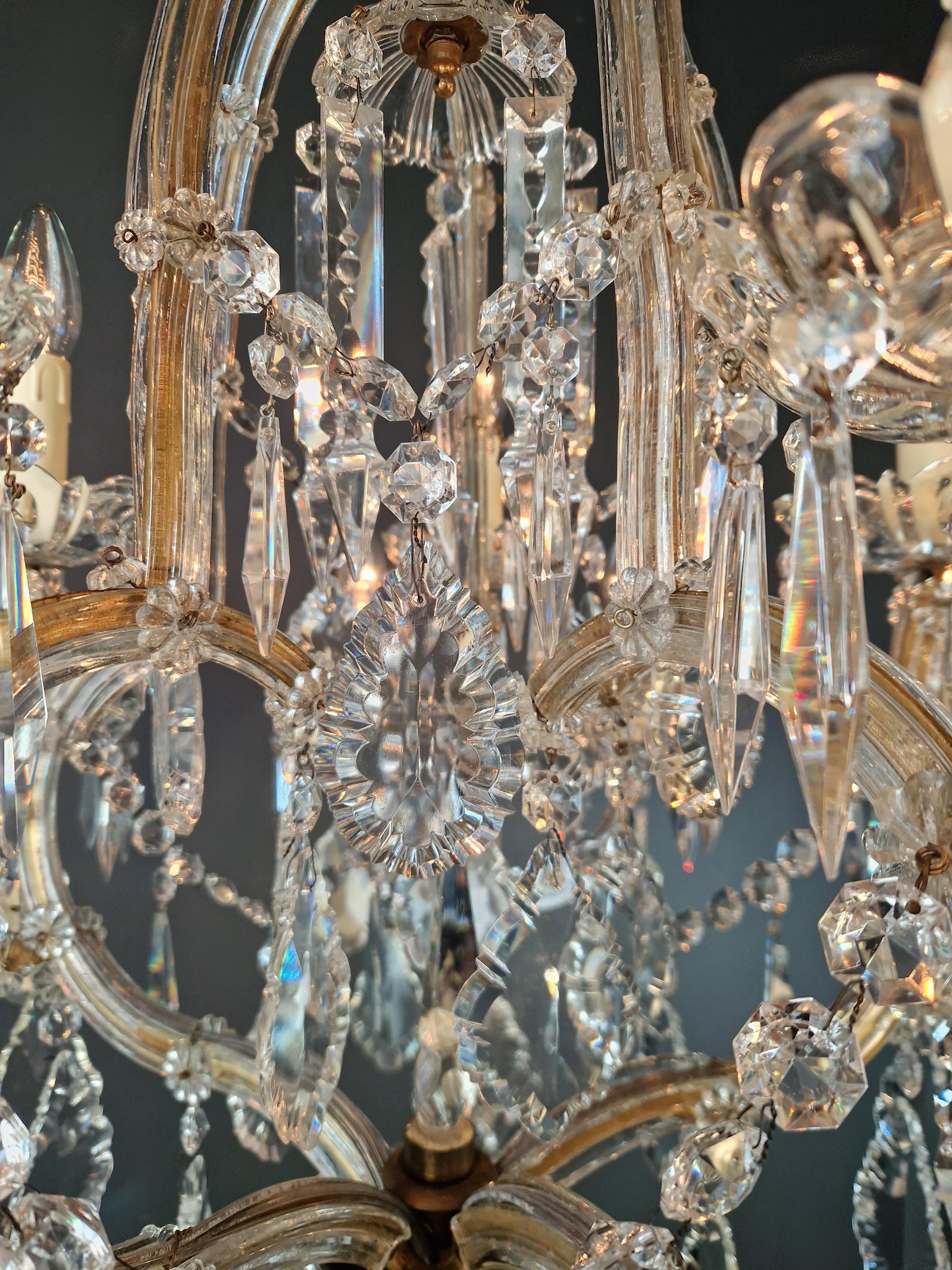 1920s Art Nouveau Maria Theresa Crystal Chandelier Lustre Brass Glass Antique - 9