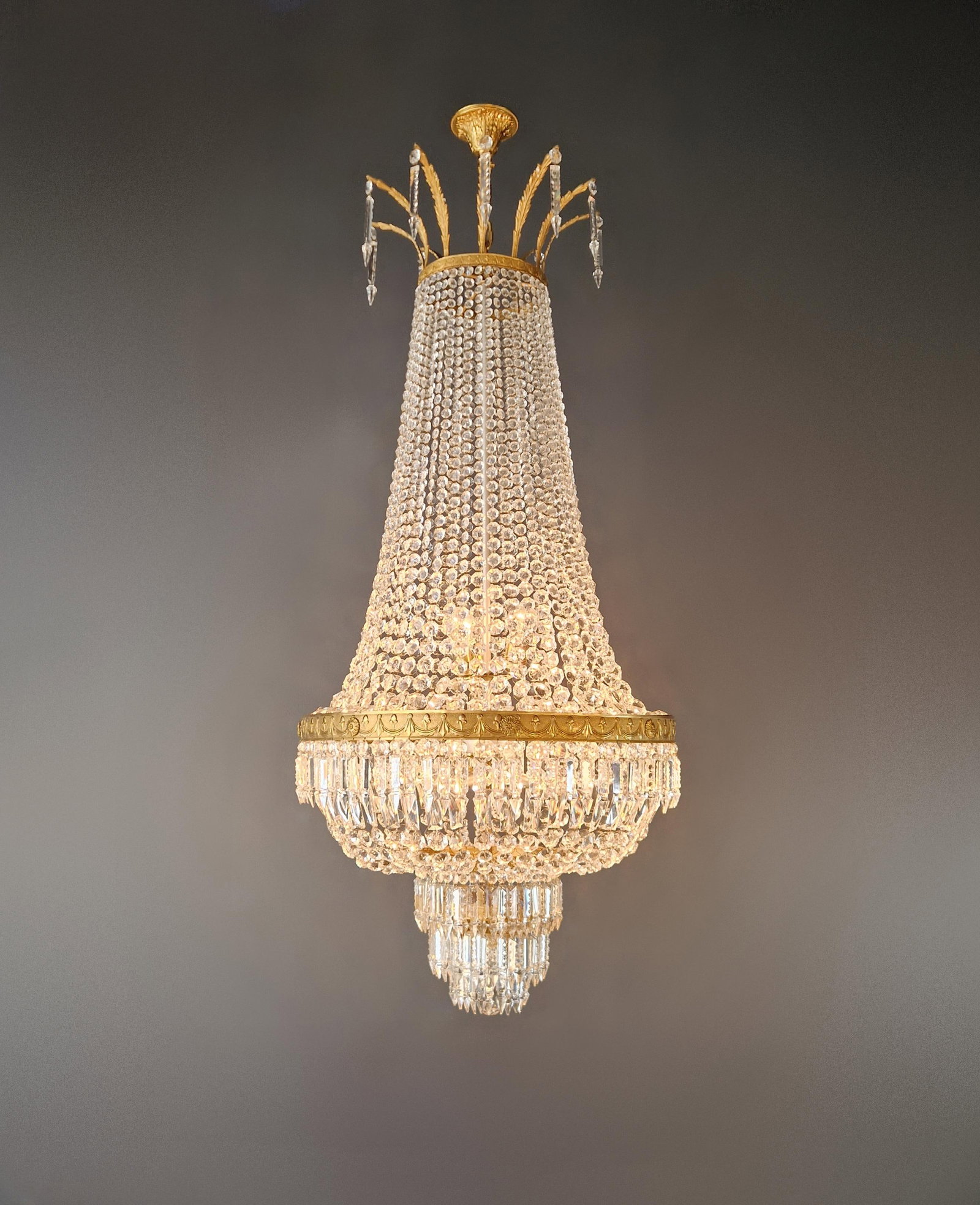 1920s Large Crystal Chandelier Empire Style Monumental Salon Chandelier Restored - 2