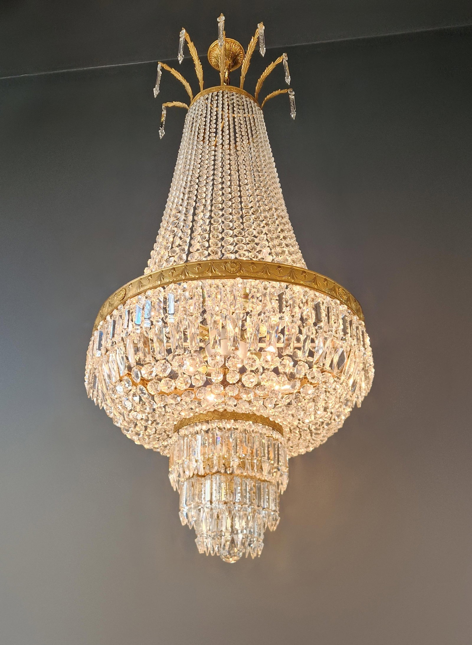 1920s Large Crystal Chandelier Empire Style Monumental Salon Chandelier Restored - 4
