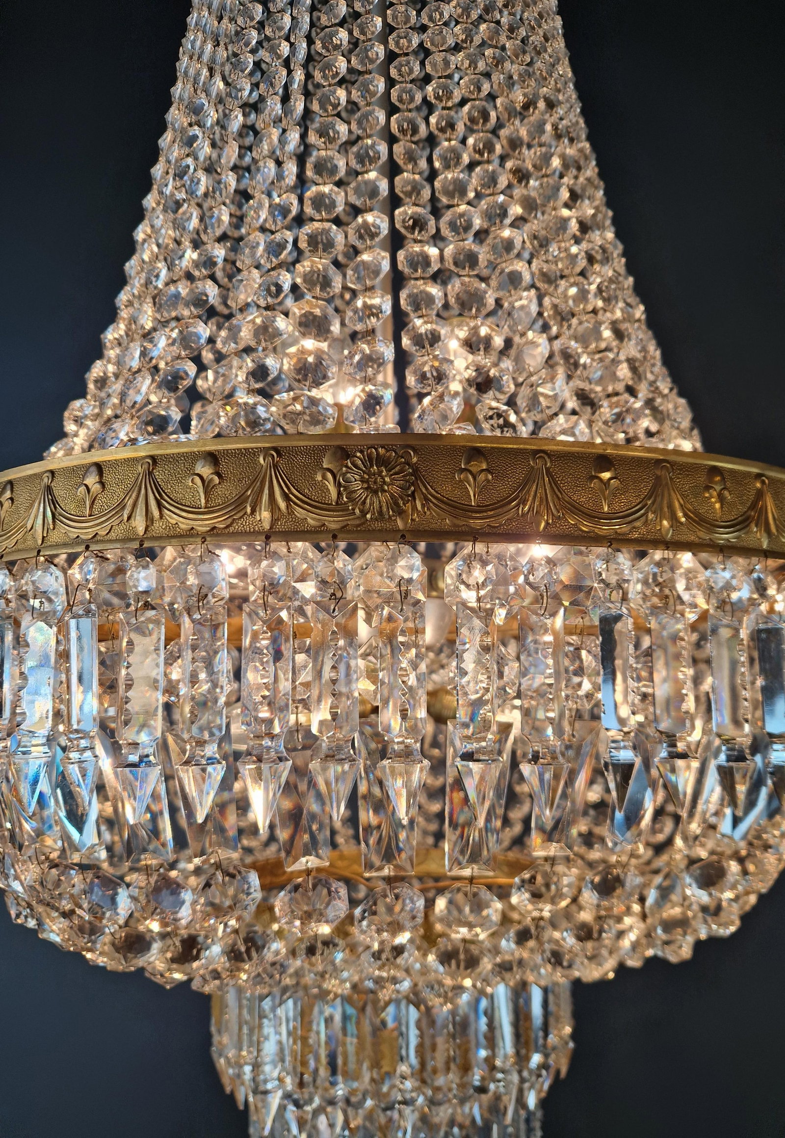 1920s Large Crystal Chandelier Empire Style Monumental Salon Chandelier Restored - 7