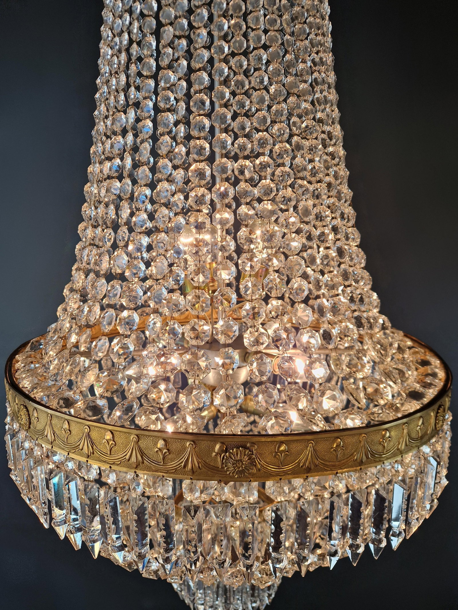 1920s Large Crystal Chandelier Empire Style Monumental Salon Chandelier Restored - 9