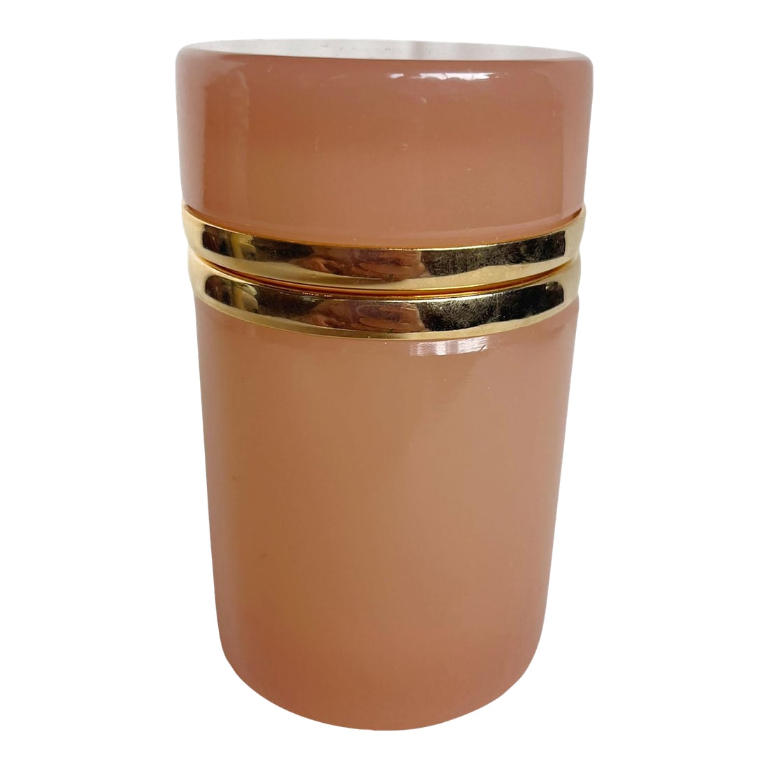 French Pink Opaline Glass Canister: French opaline glass canister in a soft blush tone, dating to the 1940s. The form is clean and minimal, elevated by two polished brass bands that add just the right amount of structure and
