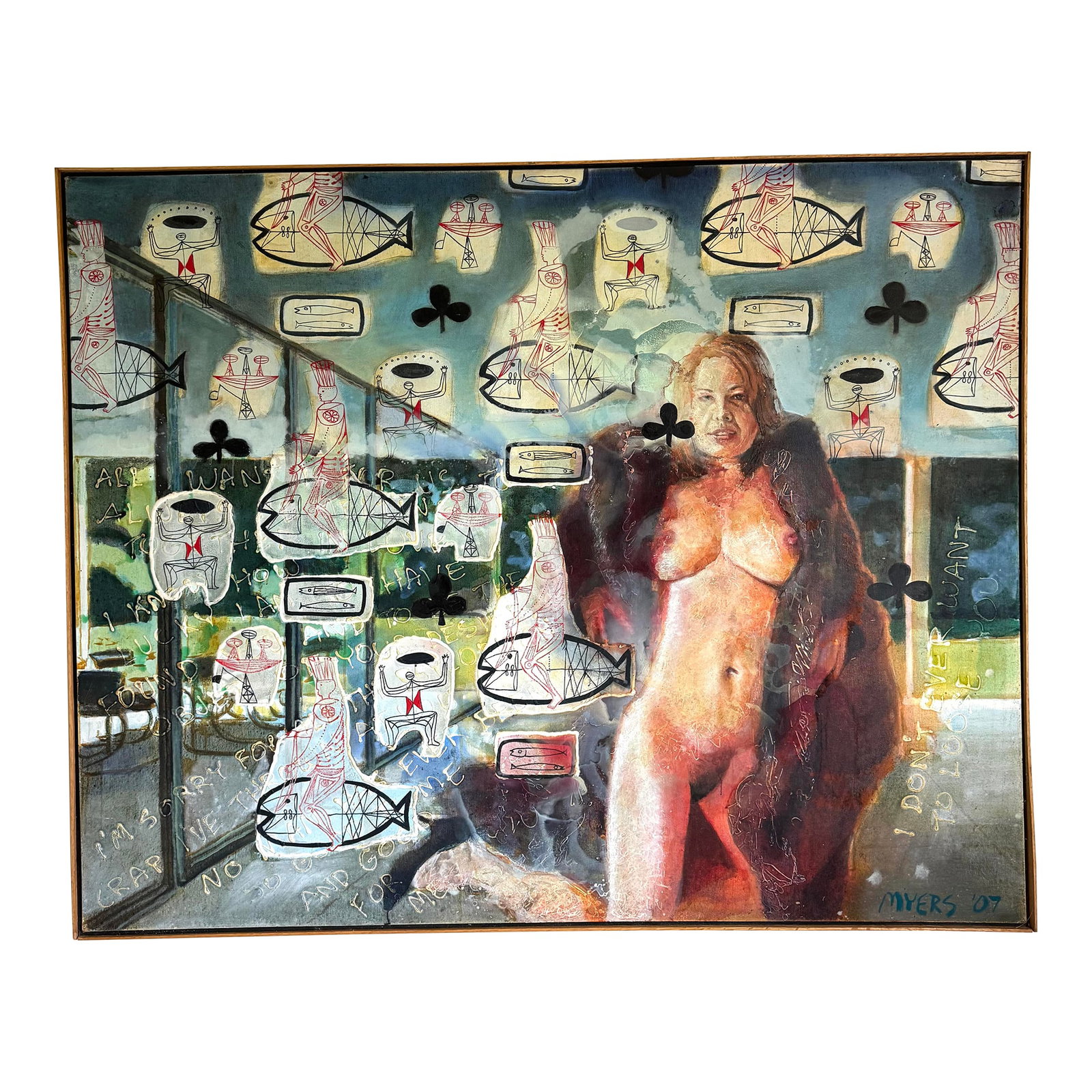 Walter Myers "Furmaid" Large-Scale Figurative Oil on Canvas, Signed and Dated 2007: Measuring an impressive 48" x 60", this commanding 2007 original oil on canvas titled "Furmaid" by Chicago artist Walter Myers (b. 1954) is bold, layered, provocative, and unmistakably contemporary.