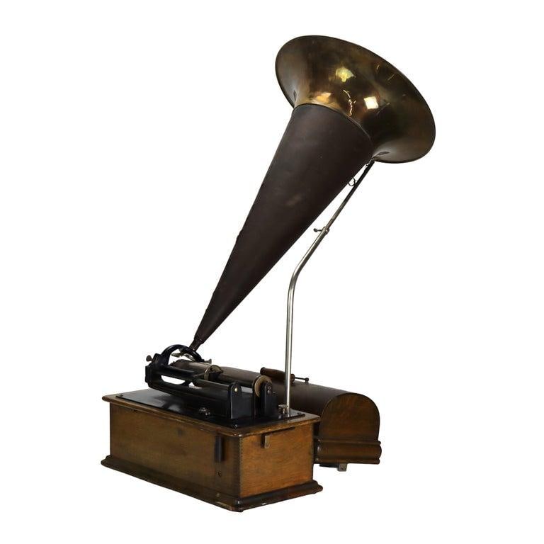 Antique Edison Home Oak Phonograph With Metal Horn Signed C1900 - 10
