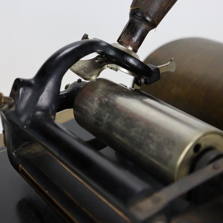 Antique Edison Home Oak Phonograph With Metal Horn Signed C1900 - 11