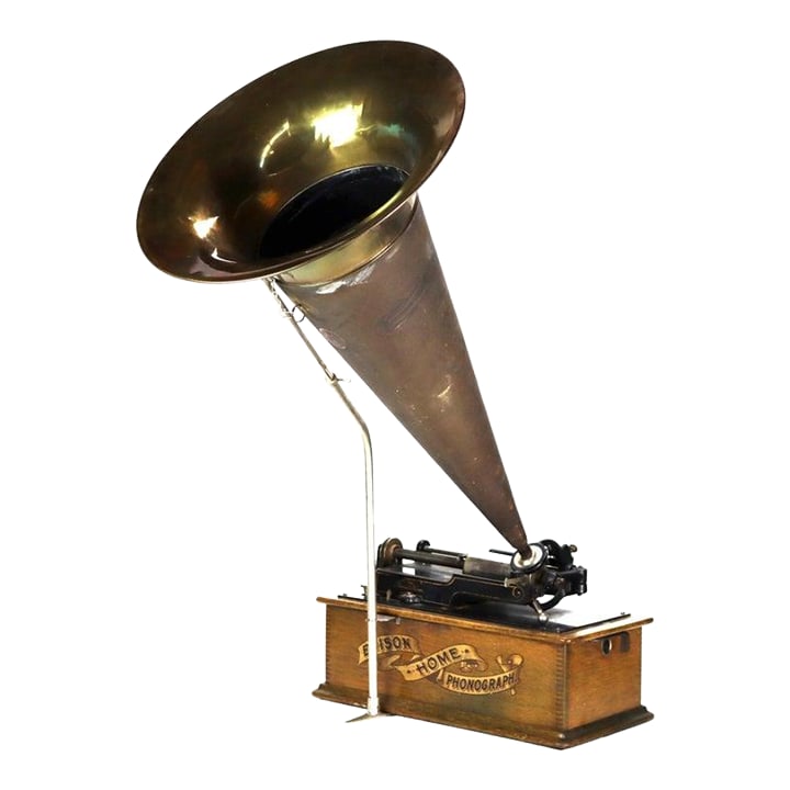 Antique Edison Home Oak Phonograph With Metal Horn Signed C1900: A fine example of early sound reproduction technology, this Edison Home Phonograph dates to circa 1900. Crafted with an oak cabinet and featuring a prominent metal horn, this antique musical instrumen
