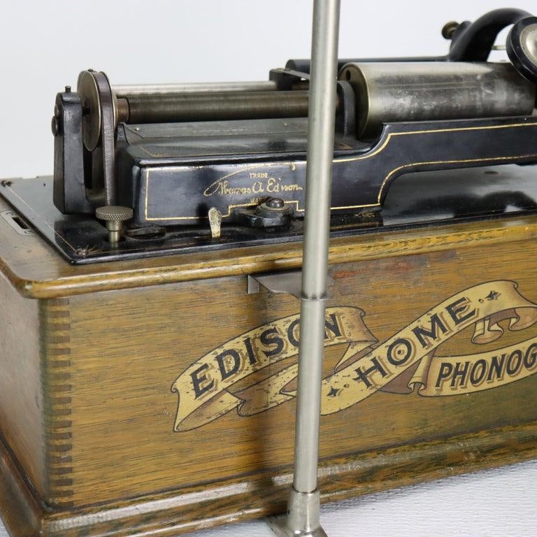 Antique Edison Home Oak Phonograph With Metal Horn Signed C1900 - 2
