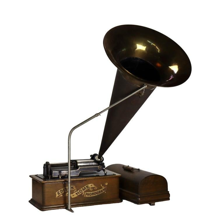 Antique Edison Home Oak Phonograph With Metal Horn Signed C1900 - 3