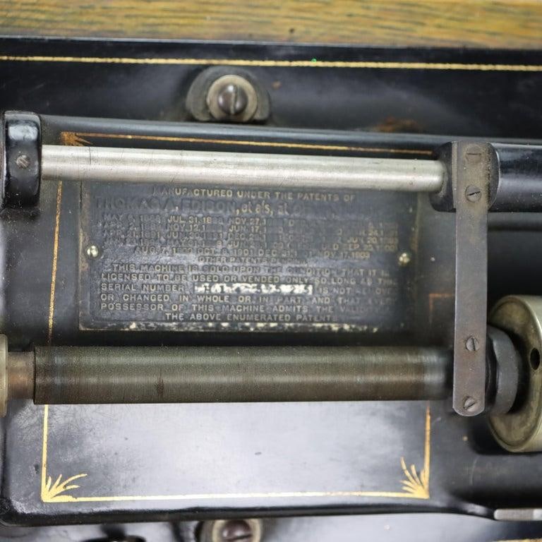 Antique Edison Home Oak Phonograph With Metal Horn Signed C1900 - 4