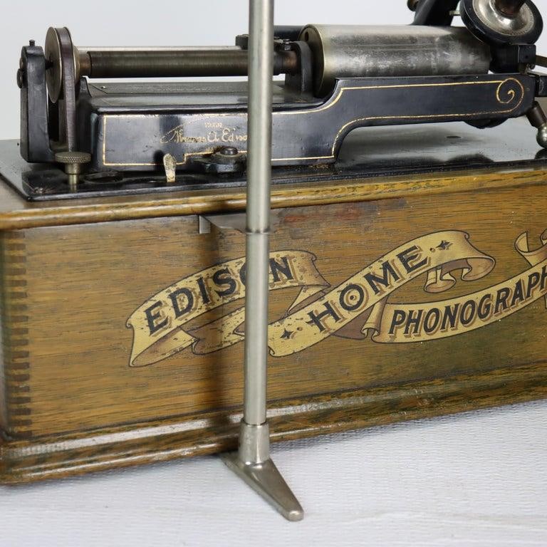 Antique Edison Home Oak Phonograph With Metal Horn Signed C1900 - 5