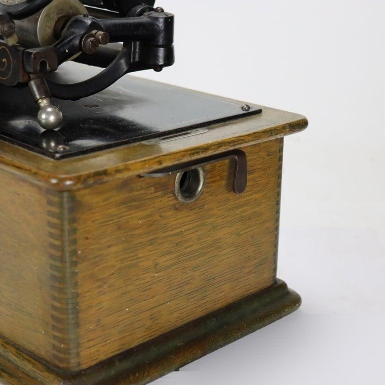 Antique Edison Home Oak Phonograph With Metal Horn Signed C1900 - 6