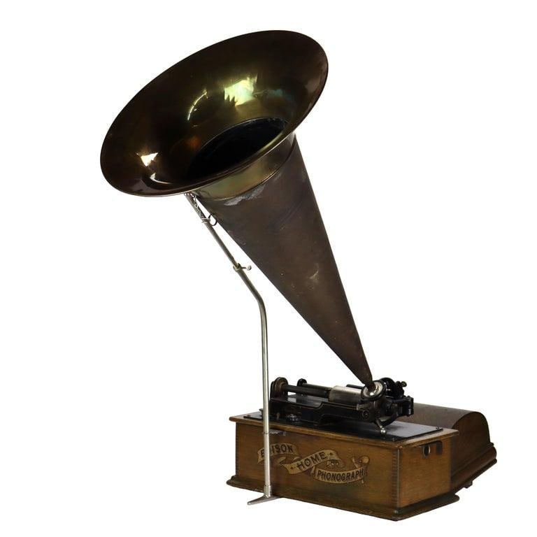 Antique Edison Home Oak Phonograph With Metal Horn Signed C1900 - 7