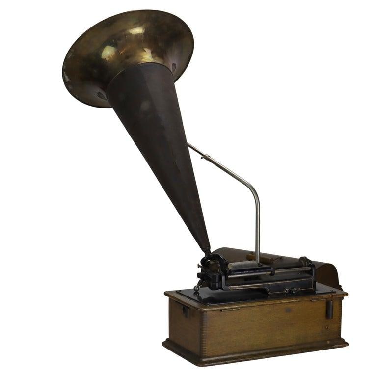 Antique Edison Home Oak Phonograph With Metal Horn Signed C1900 - 8