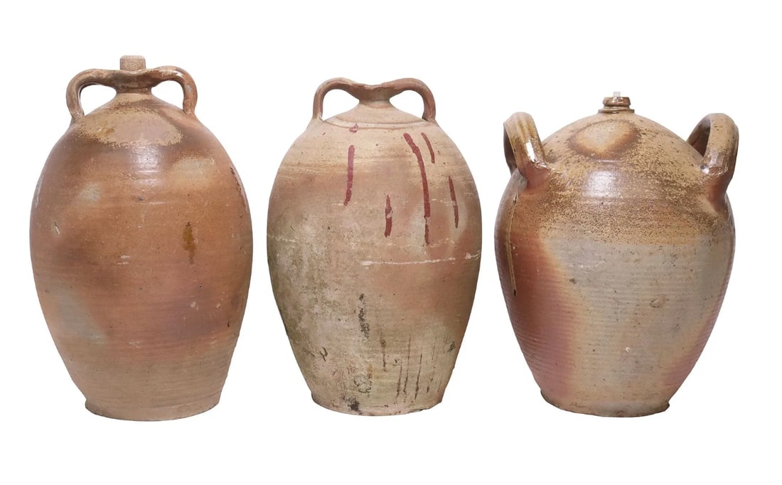 Set of Three French Provincial Stoneware Oil Jugs, Double-Handled Terracotta Vessels With Natural As - 2
