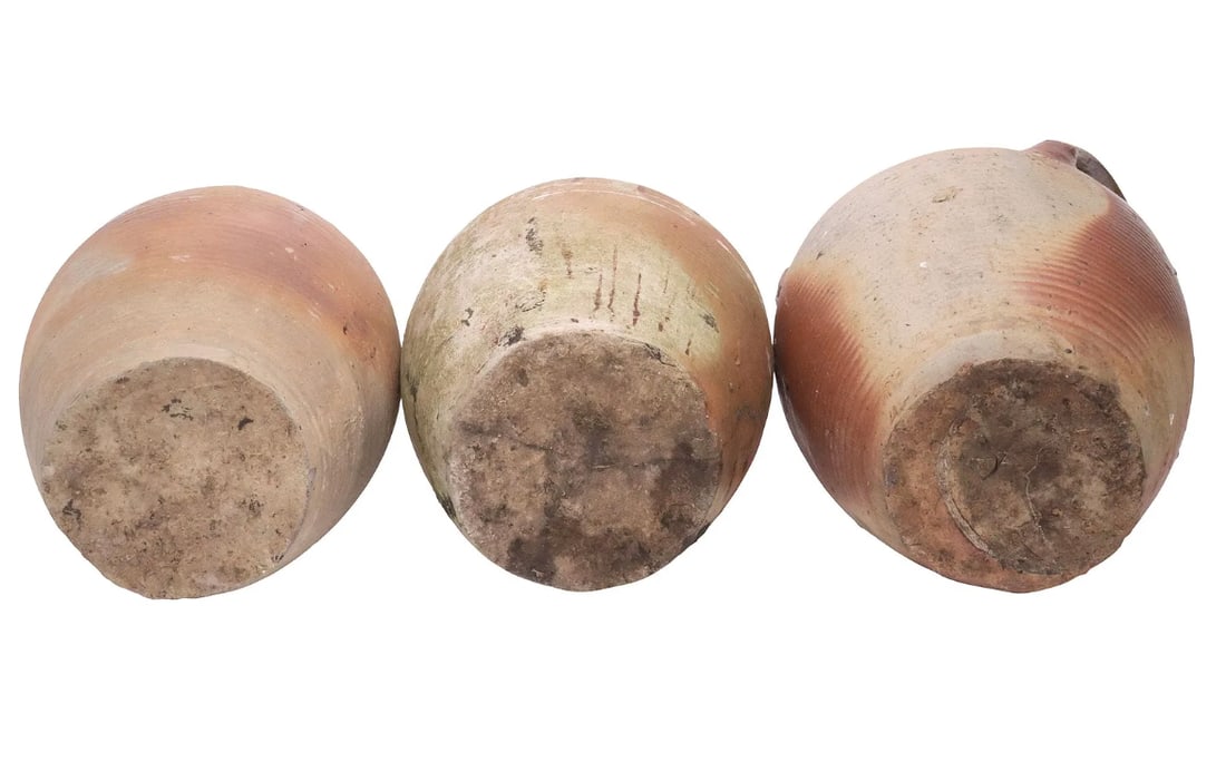Set of Three French Provincial Stoneware Oil Jugs, Double-Handled Terracotta Vessels With Natural As - 3