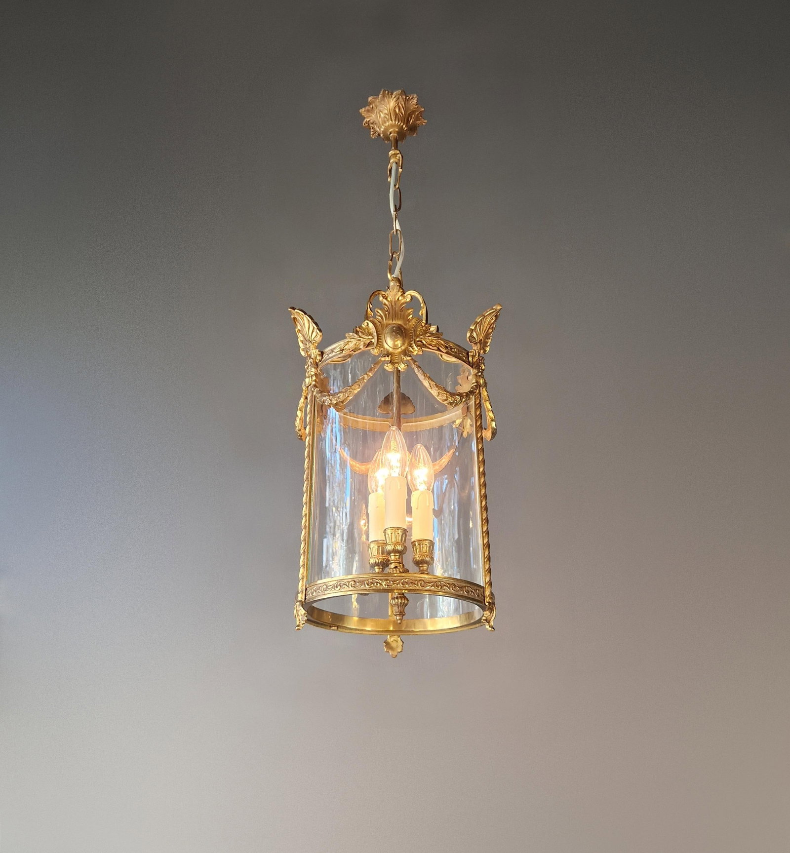 Antique French Lantern Chandelier Louis XVI Style Brass and Glas Gold Handmade - 2